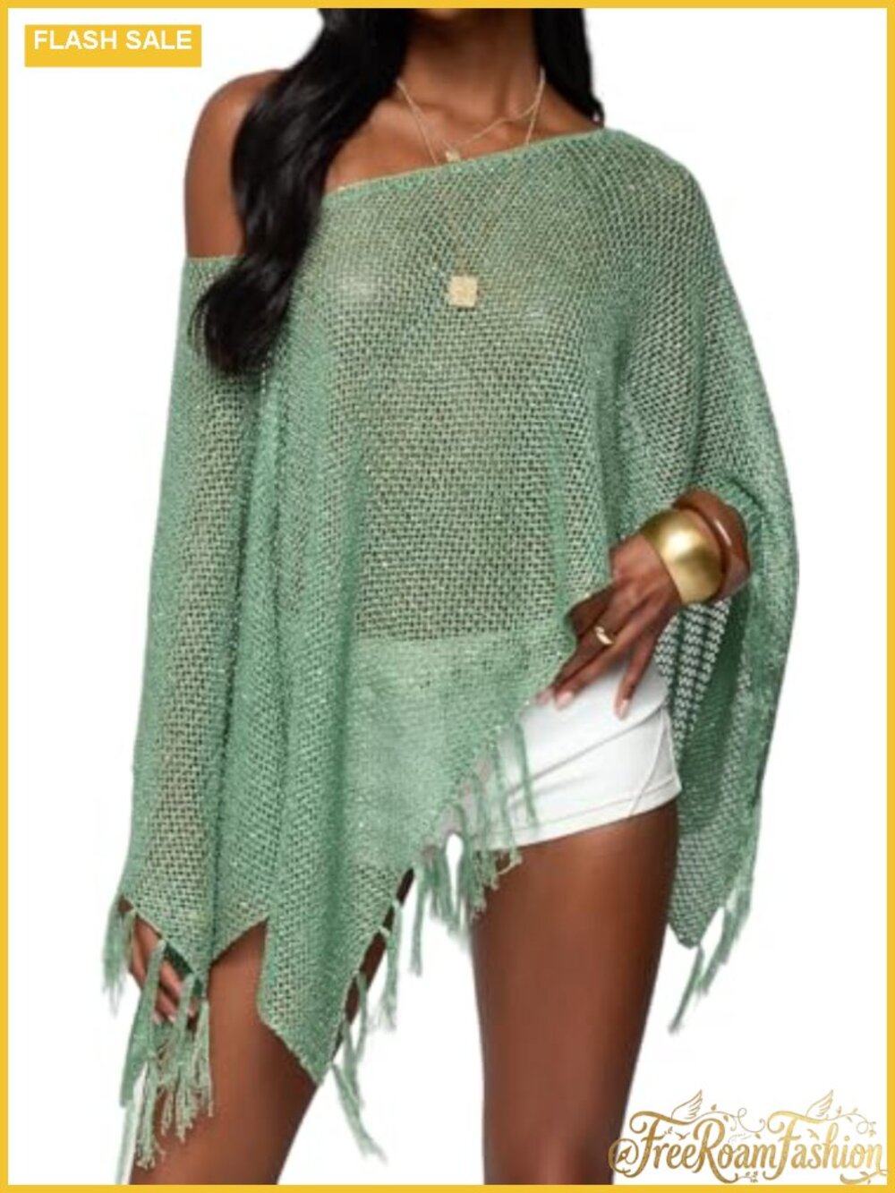 Sequin Crochet Poncho Cover Up Fringe Asymmetrical One Shoulder See Through